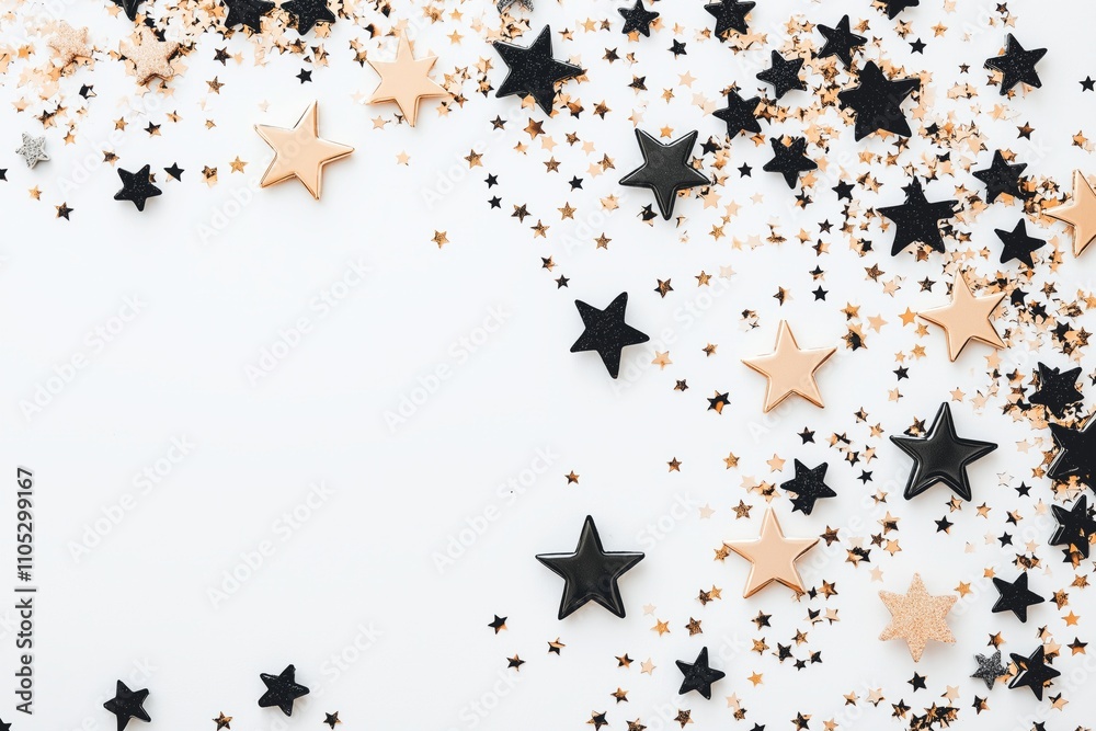 Glittery gold and black stars creating a festive frame on a white background Glittery gold and black stars creating a festive frame on a white background