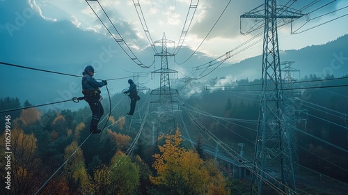 Power workers wearing dark blue safety helmets and work clothes are busy on high transmission towers. Surrounded by forests and fields, power lines shuttle through them.