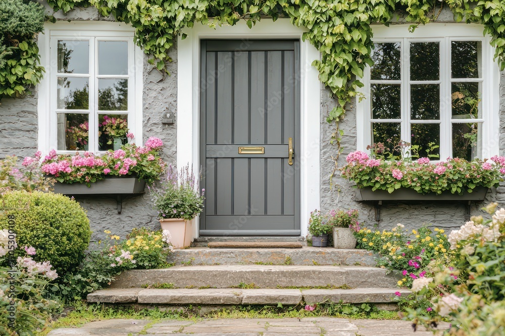 Charming entrance with soft stone steps, ivy-framed grey door and flower boxes.