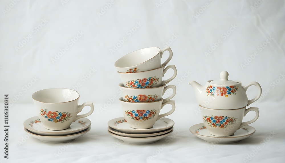 Fototapeta premium Exquisite ceramic tea sets, elegant artistic decoration, highlighting vintage charm