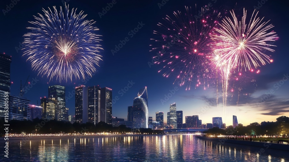 Midnight Jubilation: Vibrant City Lights and Fireworks Display Illuminate Modern Urban Scene Midnight Jubilation: Vibrant City Lights and Fireworks Display Illuminate Modern Urban Scene