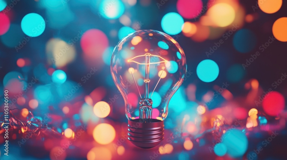 Glowing lightbulb on colorful bokeh background. Glowing lightbulb on colorful bokeh background.