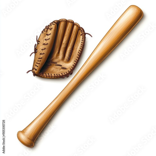 Baseball Illustration: Glove and Bat on White Background