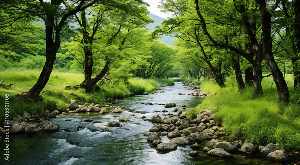 Serene Forest Stream. Tranquil nature scene with a flowing creek, lush greenery, and trees. Concept of peace, tranquility, and natural beauty. Serene Forest Stream. Tranquil nature scene with a flowing creek, lush greenery, and trees. Concept of peace, tranquility, and natural beauty.