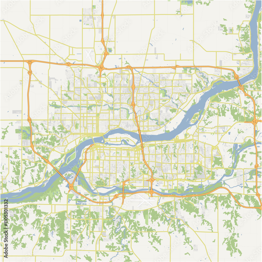 Naklejka premium Map of Davenport in Iowa in a normal road map style. Contains layered vector with roads water, parks, etc.