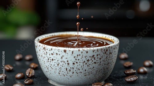 Coffee drops on a cup of coffee, close up photo