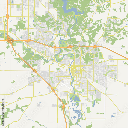 Map of Iowa City in Iowa in a normal road map style. Contains layered vector with roads water, parks, etc.