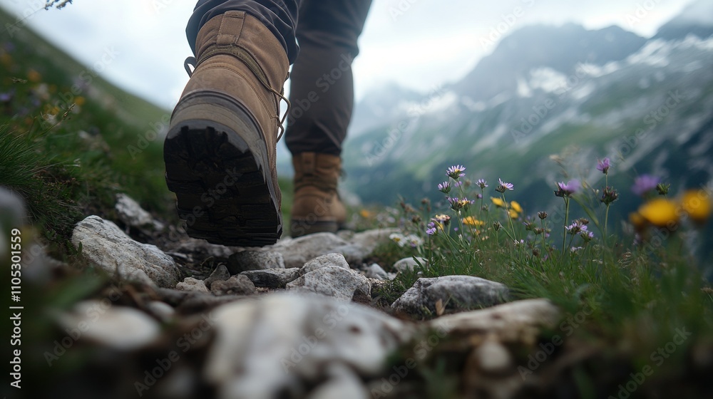 Hiker Stepping Over Rocks on a Mountain Trail with Wildflowers Generative AI Hiker Stepping Over Rocks on a Mountain Trail with Wildflowers Generative AI