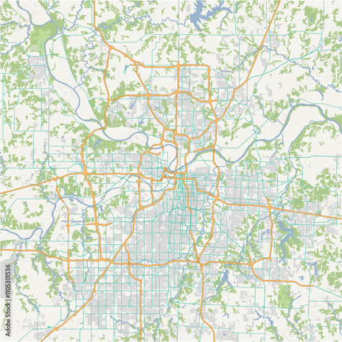 Map of Kansas City in Kansas in a normal road map style. Contains layered vector with roads water, parks, etc.