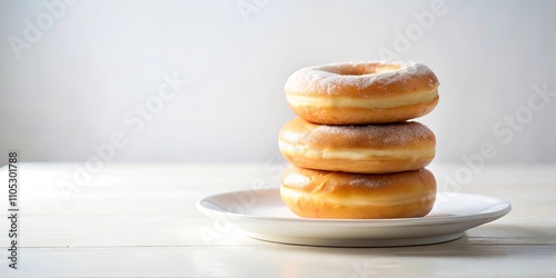 A stack of three delicious powdered sugar donuts on a white plate