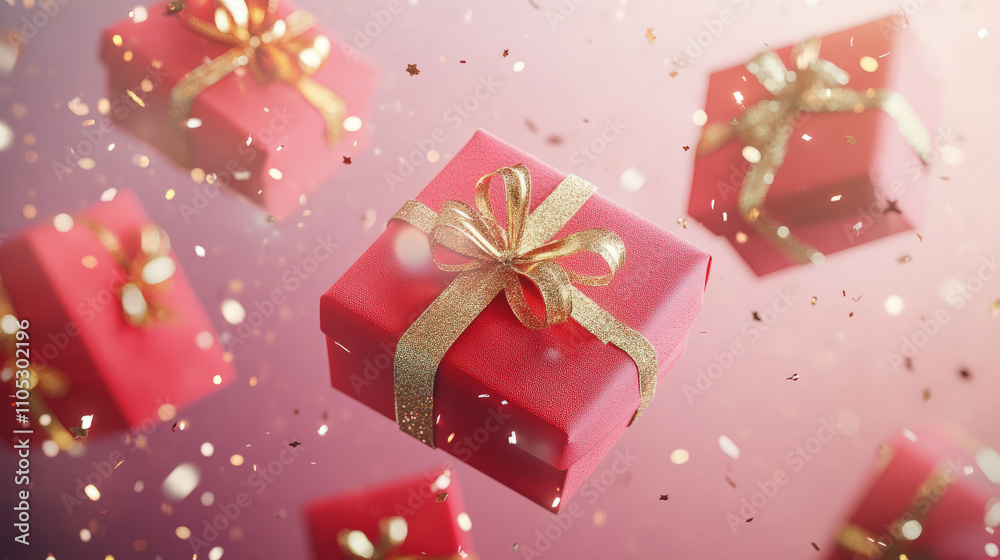 Floating red gift boxes with gold glitter ribbons on a festive pink background with sparkling confetti. Close-up composition with a focus on one central present. Holiday celebration and gift-giving. Floating red gift boxes with gold glitter ribbons on a festive pink background with sparkling confetti. Close-up composition with a focus on one central present. Holiday celebration and gift-giving.
