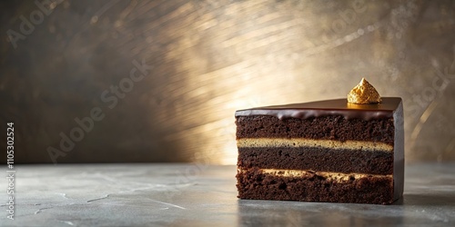 A decadent chocolate layer cake with a gold leaf garnish, served on a gray surface against a blurred brown background