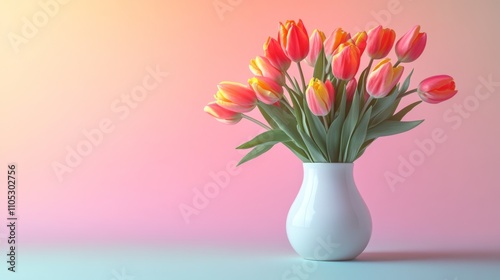 Delicate White Porcelain Vase with Vibrant Tulips on Soft Pastel Gradient Background, Perfect for Spring or Easter Decor Inspiration Generative AI