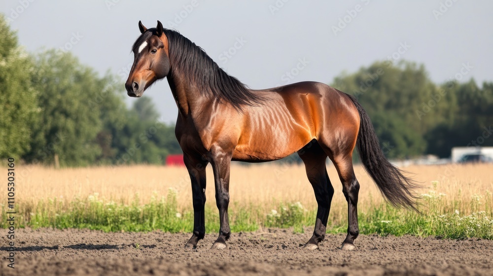 A Bay Horse Stands In A Field Of Gold A Bay Horse Stands In A Field Of Gold