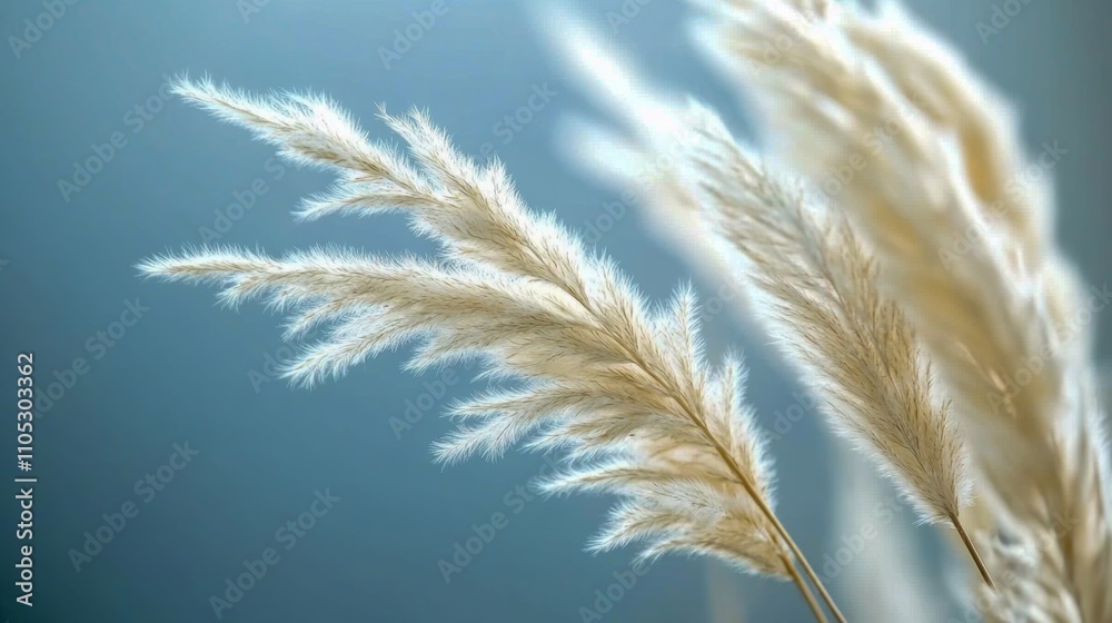 Beige pampas grass waving gently against a soft blue sky background. Beige pampas grass waving gently against a soft blue sky background.