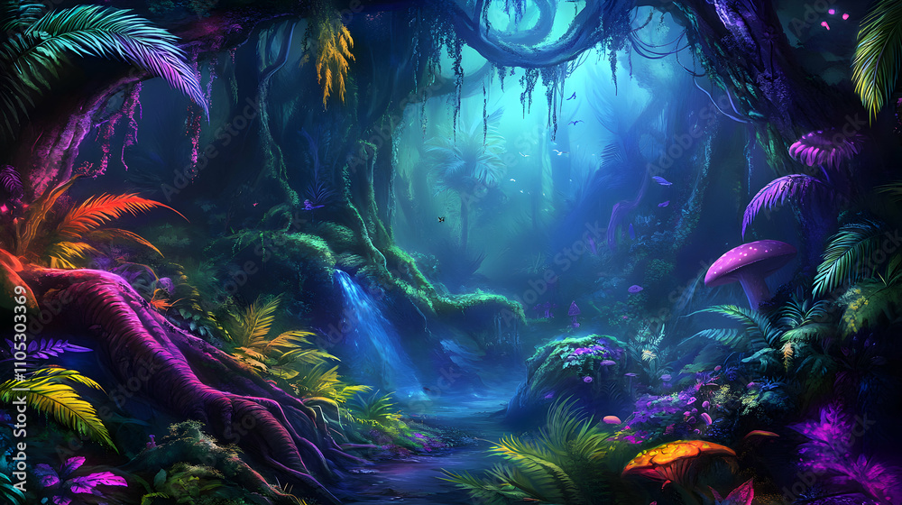 Vibrant, Bioluminescent Rainforest: Digital Painting of a Magical, Dreamlike Forest with Glowing Flora, Cascading Waterfalls, and Luminous Fungi, Creating an Enchanting Fantasy Setting. Vibrant, Bioluminescent Rainforest: Digital Painting of a Magical, Dreamlike Forest with Glowing Flora, Cascading Waterfalls, and Luminous Fungi, Creating an Enchanting Fantasy Setting.