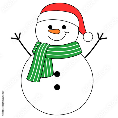 cute snowman wearing santa hat and green scarf raising hand up illustration