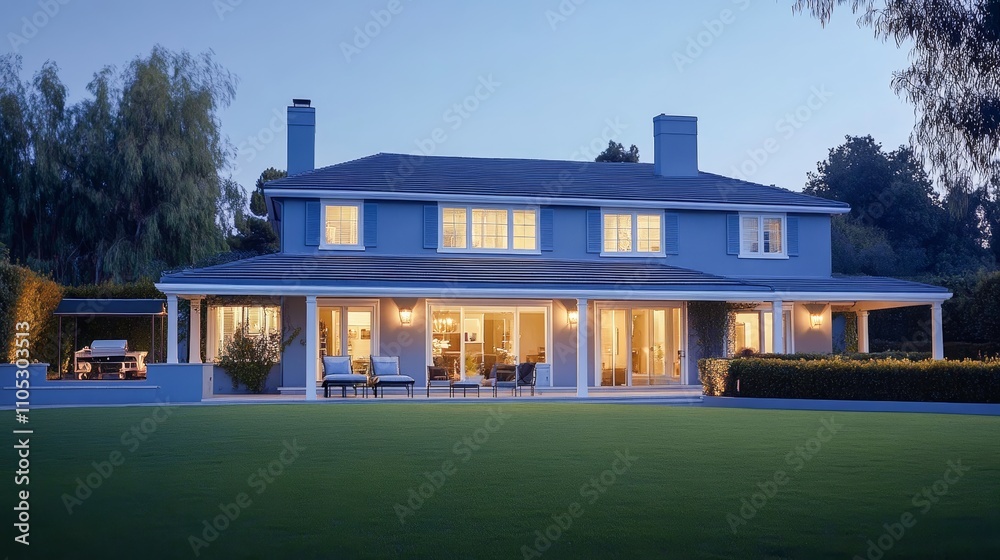 A modern house at twilight with warm lights and manicured lawn. A modern house at twilight with warm lights and manicured lawn.