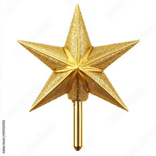 A shiny gold star ornament with a pointed tip, often used for decoration. photo