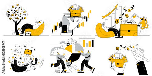 Set of illustrations on the topic of passive income. Man sitting with a laptop. Character admiring his money tree. Vector illustrations in cartoon linear style.