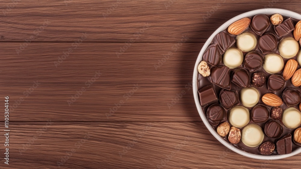 Delicious assortment of chocolates and nuts wooden table food photography cozy setting close-up indulgence Delicious assortment of chocolates and nuts wooden table food photography cozy setting close-up indulgence
