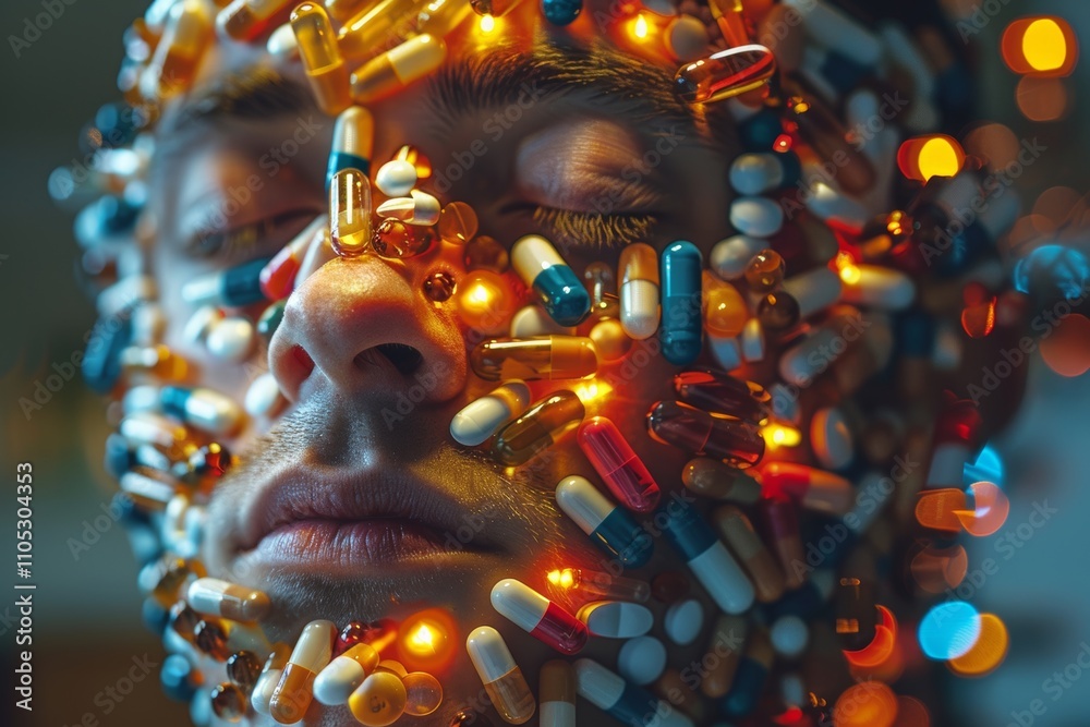 Naklejka premium Overwhelmed Man Drowning in Medication Capsules, Concept of Overmedication Generative AI