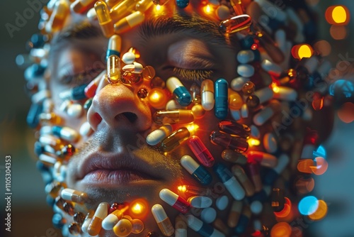 Overwhelmed Man Drowning in Medication Capsules, Concept of Overmedication Generative AI photo