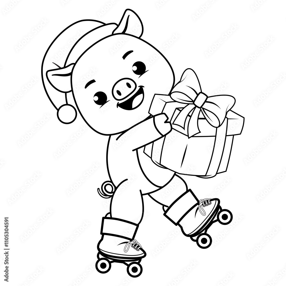 Fototapeta premium Christmas coloring page with pig for kids