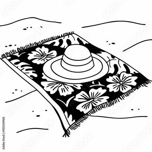 Straw Hat on Tropical Beach Towel - Vector Illustration