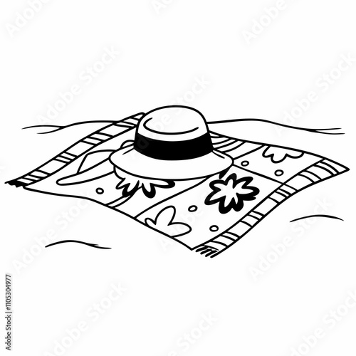 Straw Hat on Tropical Beach Towel - Vector Illustration