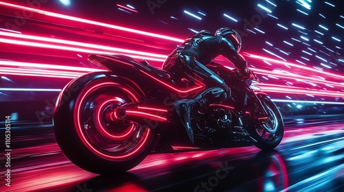 A sleek motorcycle speeding through neon lights. photo