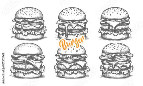 Set of Hand-Drawn Burger Illustrations with Unique Toppings, Fries, and Retro Style for Food Branding, Restaurant Design, and Menus