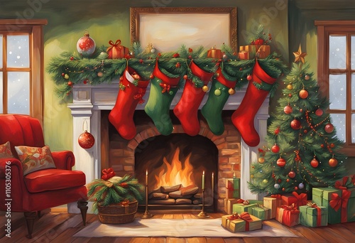 Festive Christmas Fireplace With Stockings and Gifts