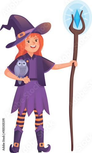 Magic crystal staff in witch hand. Cartoon character