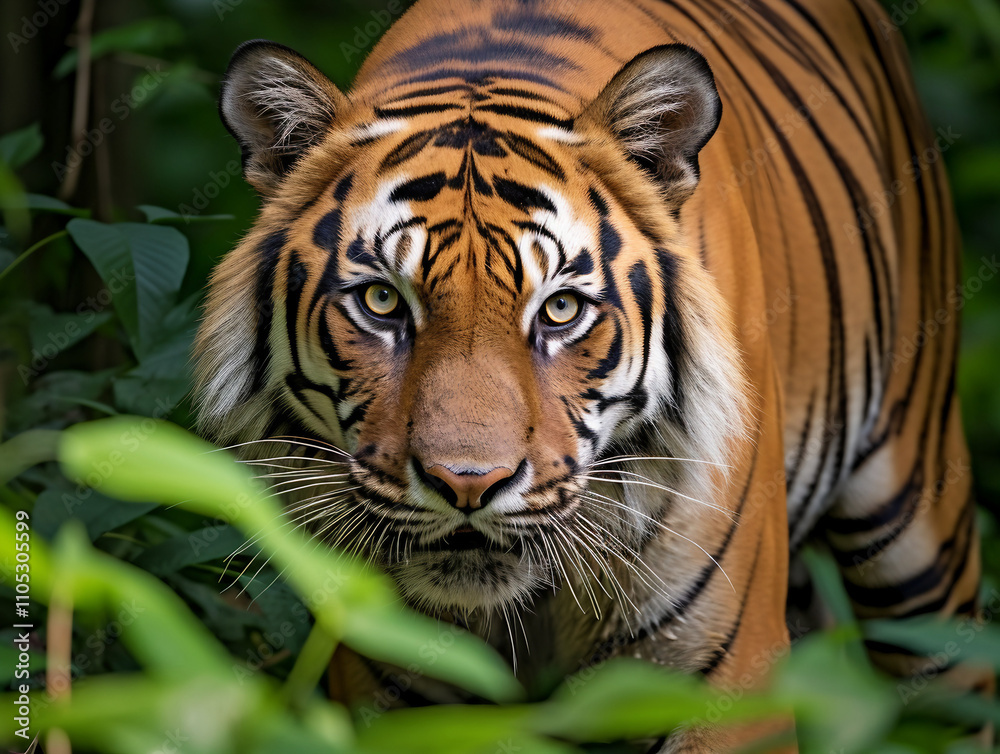Close up of a Sumatran Tiger in the Jungle. Wildlife, Nature, Predator, Conservation. Close up of a Sumatran Tiger in the Jungle. Wildlife, Nature, Predator, Conservation.