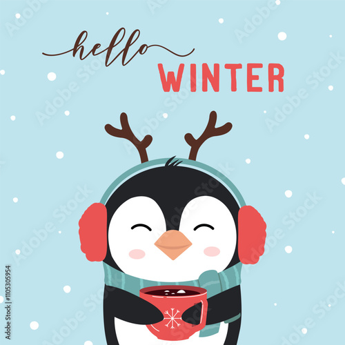 Cute penguin holding a cup of hot chocolate on blue background. Hello winter. Christmas and New Year vector  flat ilustration. 