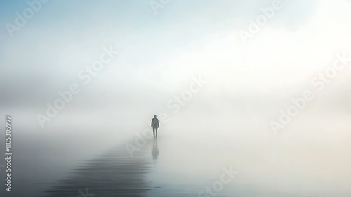 Solitary Figure Walking on a Misty Water Path