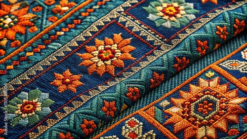 Intricate Textile Detail  A Close-Up of Vibrant Floral and Geometric Embroidery on Deep Blue Fabric