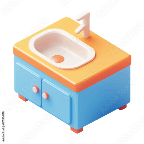 3D isometric icon of a sink with cabinets, featuring a light blue and orange color scheme, isolated on a white background