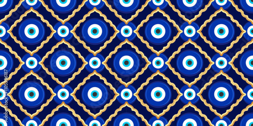 Evil eye golden pattern. Seamless Turkish background with magic blue beads. Greek nazar vector wallpaper. Protection amulet - symbol of luck and energy. Ornament with spiritual talisman