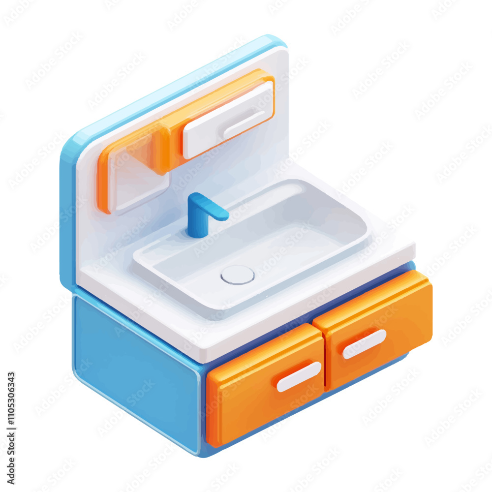 3D isometric icon of a sink with cabinets, featuring a light blue and orange color scheme, isolated on a white background 3D isometric icon of a sink with cabinets, featuring a light blue and orange color scheme, isolated on a white background