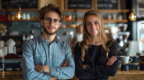 Portrait of young man and women entrepreneurs standing in the coffee shop.