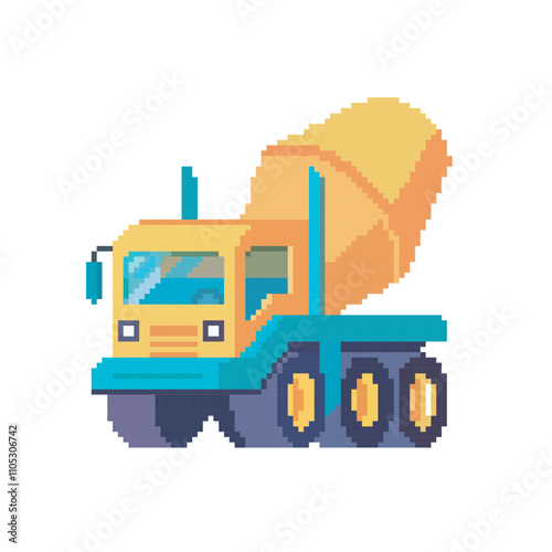 mixer truck pixel art, vector illustration on isolated background.