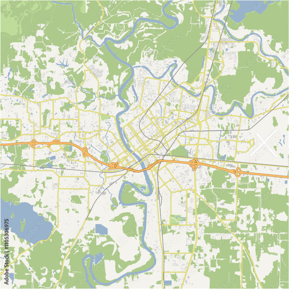 Naklejka premium Map of Monroe in Louisiana in a normal road map style. Contains layered vector with roads water, parks, etc.