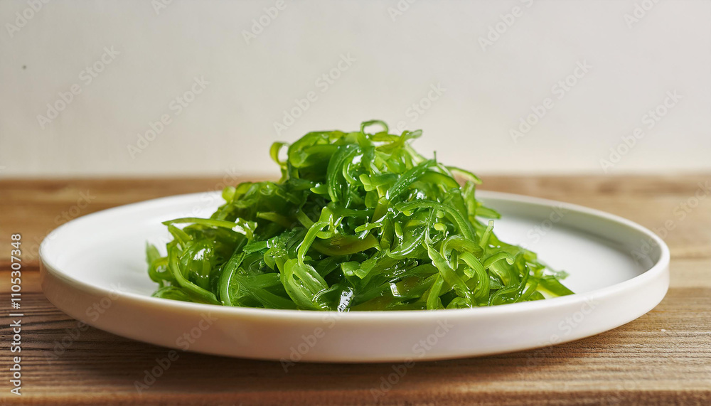 Green seaweed salad in white plate. Tasty food. Delicious and healthy dish. Green seaweed salad in white plate. Tasty food. Delicious and healthy dish.