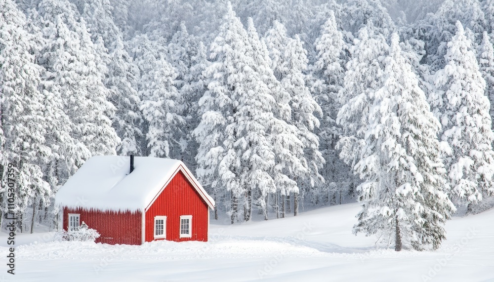 Red Wooden Cabin Nestled in Snow Covered Forest, Winter Wonderland Scene in the Nordic Region Red Wooden Cabin Nestled in Snow Covered Forest, Winter Wonderland Scene in the Nordic Region