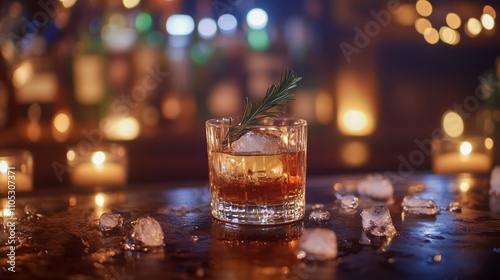 A cocktail with rosemary garnish in a dimly-lit bar setting.