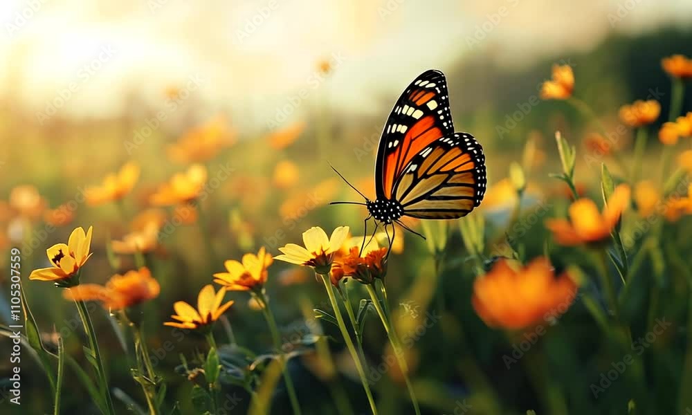 Monarch Butterfly Resting on Yellow Flowers in Golden Sunset Light Monarch Butterfly Resting on Yellow Flowers in Golden Sunset Light