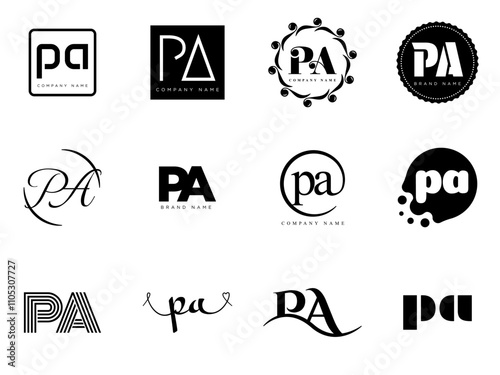 PA logo company template. Letter p and a logotype. Set different classic serif lettering and modern bold text with design elements. Initial font typography.