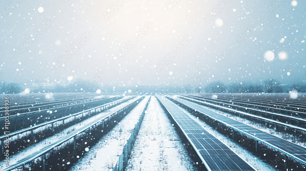 Fototapeta premium A snow-covered solar farm with rows of frosted solar panels and light snow falling.